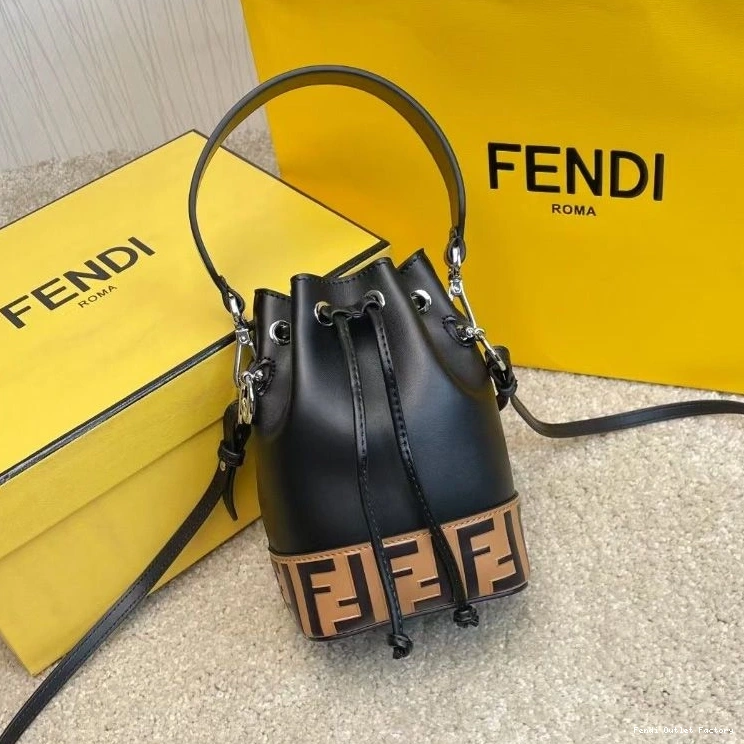 Affordable HOT Bag Tresor Fendi FF Black Leather In Motif Mini Bucket Mon Brown Calf 0820